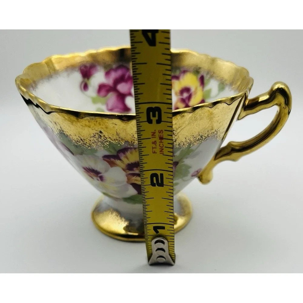 Norcrest Teacup Saucer Gold Encrusted Pansy Floral Footed China Japan Vintage